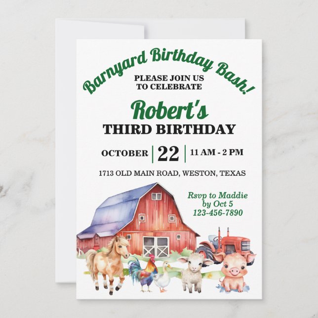 Invitation Fête d'anniversaire de la cour de ferme (Devant)