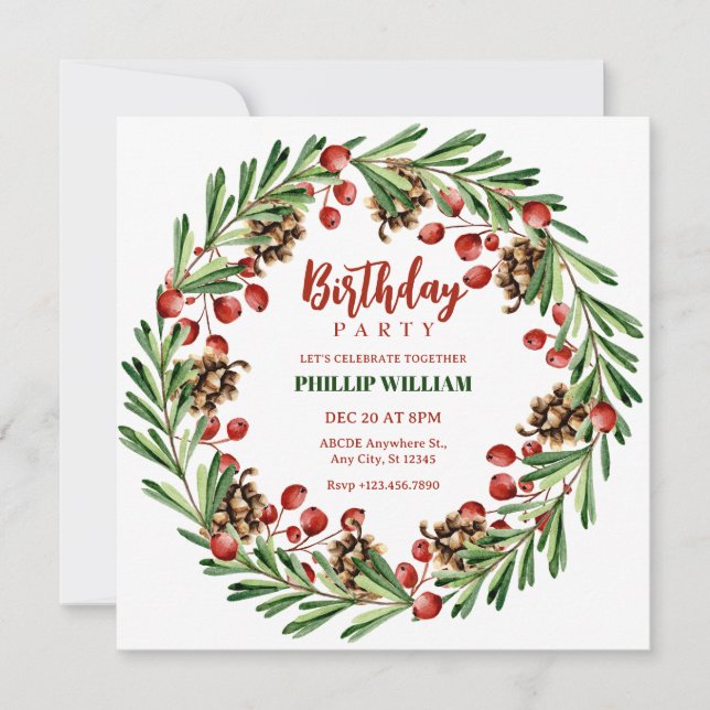 Invitation Fête d'anniversaire de la couronne de Noël (Devant)