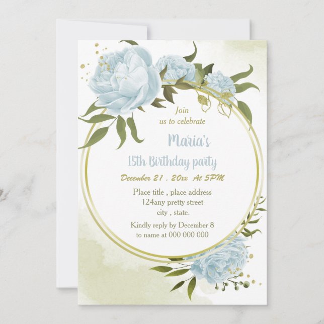 Invitation fête d'anniversaire de la couronne d'or floral ble (Devant)