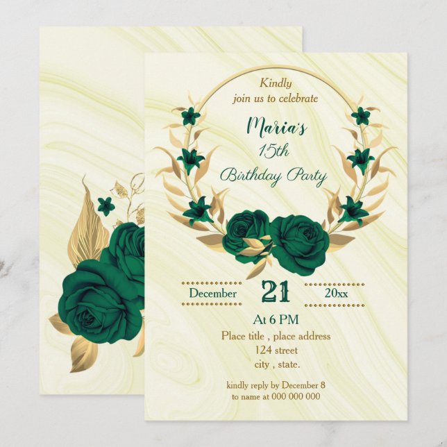 Invitation fête d'anniversaire de la couronne fleurie en or v (Devant / Derrière)
