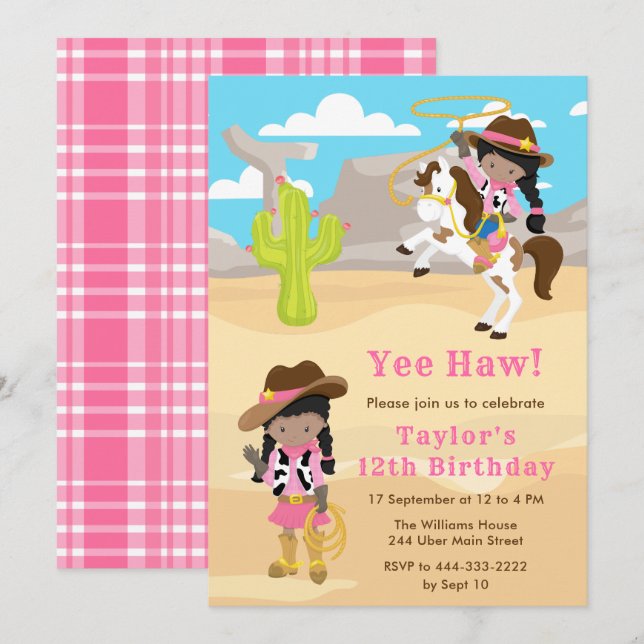 Invitation Fête d'anniversaire de la cow-girl de la peau fonc (Devant / Derrière)