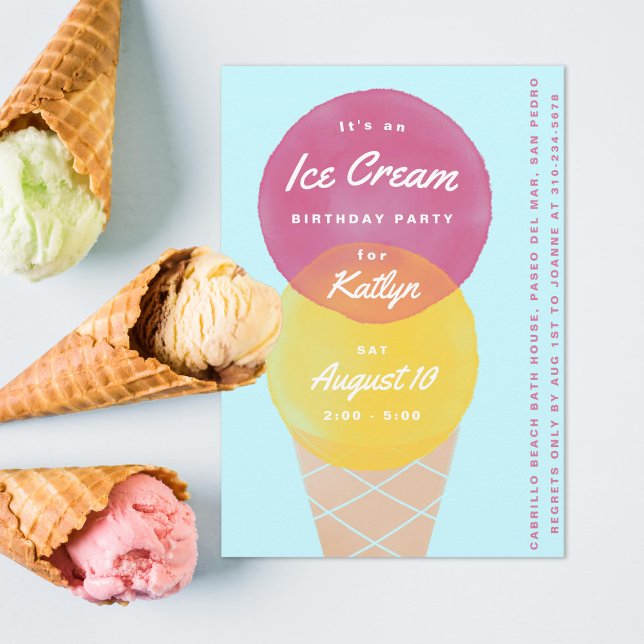 Invitation Fête d'anniversaire de la crème glacée aquarelle (Créateur téléchargé)