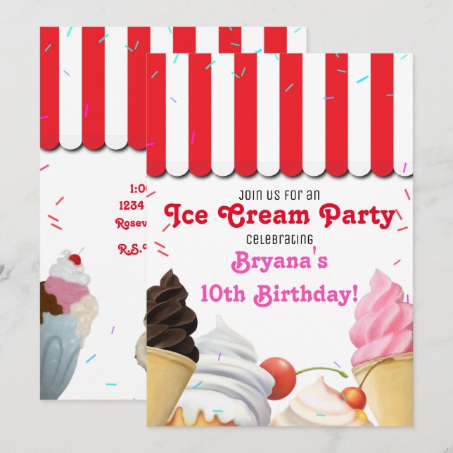 Invitation Fête d'anniversaire de la crème glacée Rouge dans (Devant / Derrière)