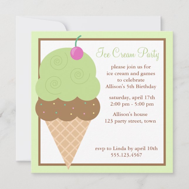 Invitation Fête d'anniversaire de la Crème verte de glace Lim (Devant)