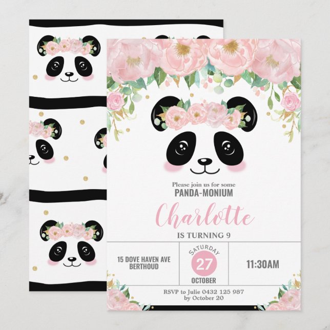 Invitation Fête d'anniversaire de la Cute Panda Florale Rose (Devant / Derrière)