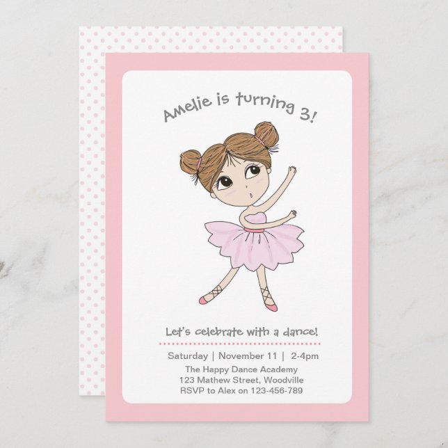 Invitation Fête d'anniversaire de la danseuse rose Ballerina  (Devant / Derrière)