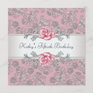 Invitation Fête d'anniversaire de la femme de damassé de rose