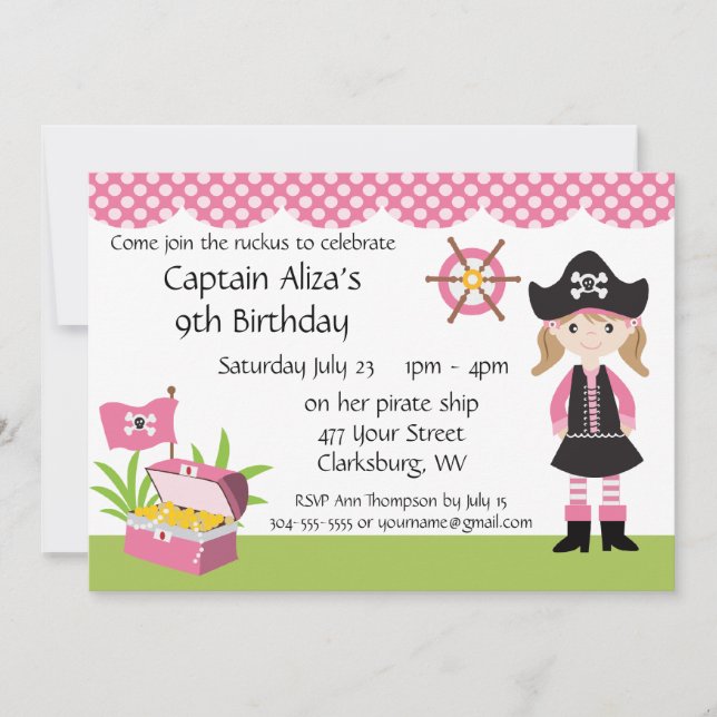 Invitation Fête d'anniversaire de la femme pirate sur mesure (Devant)