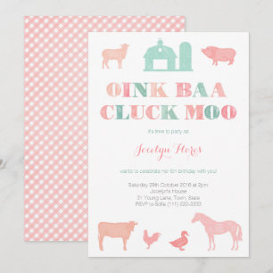 Invitation fête d'anniversaire de la ferme pour fille, oink b