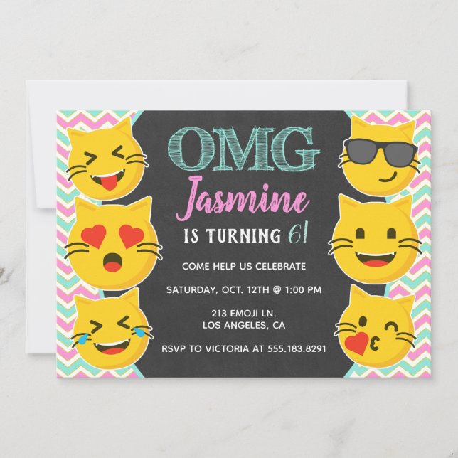 Invitation Fête d'anniversaire de la fille à l'emoji de chat  (Devant)