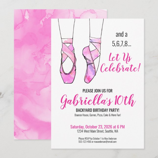 Invitation Fête d'anniversaire de la fille de ballet rose (Devant / Derrière)