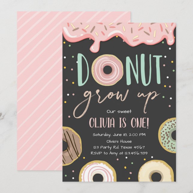 Invitation Fête d'anniversaire de la fille Doughnut rose (Devant / Derrière)