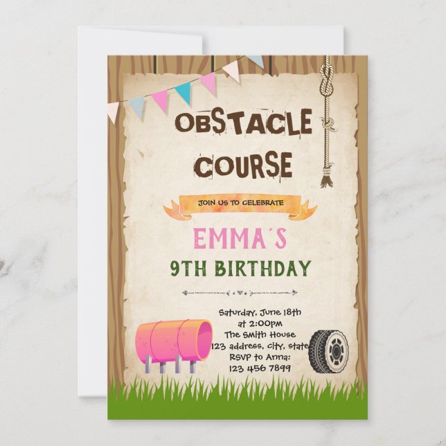 Invitation Fête d'anniversaire de la fille du cours d'obstacl (Devant)