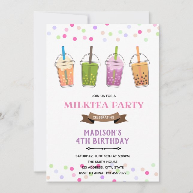 Invitation Fête d'anniversaire de la fillette de thé Buble Bo (Devant)