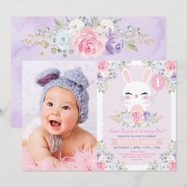 Invitation Fête d'anniversaire de la jeune fille de lapin de  (Devant / Derrière)