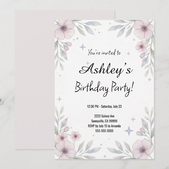 Invitation Fête d'anniversaire de la jolie fille rose (Devant / Derrière)