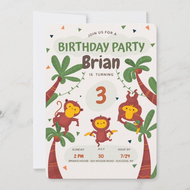 Invitation Fête d'anniversaire de la Jungle de singe (Devant)