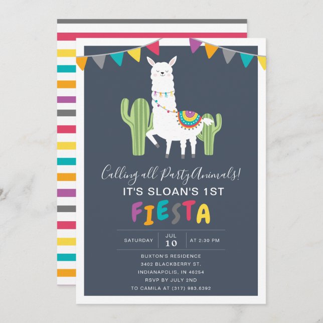 Invitation Fête d'anniversaire de la Marine Llama (Devant / Derrière)
