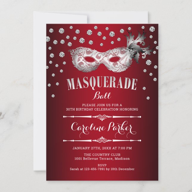 Invitation Fête d'anniversaire de la Mascarade Rouge Argent (Devant)