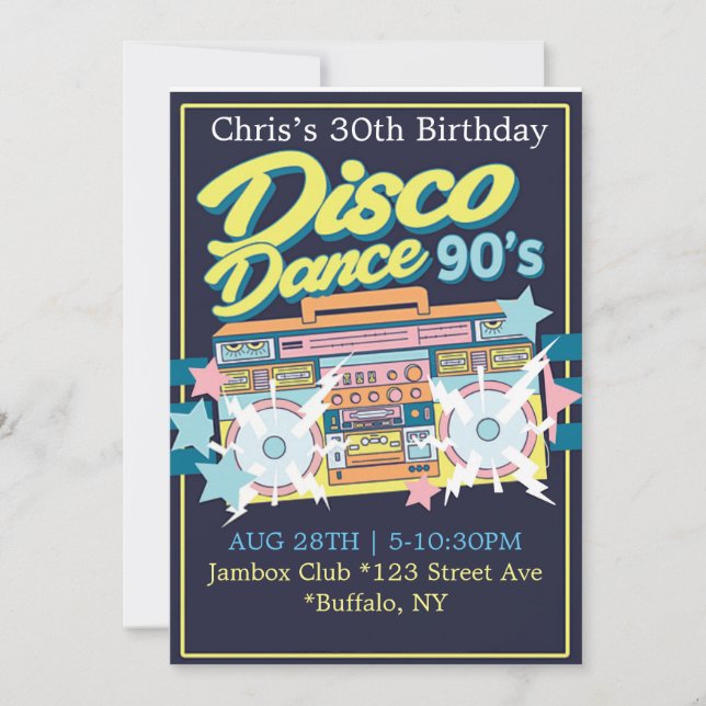 Invitation Fête d'anniversaire de la musique des années 90 (Devant)