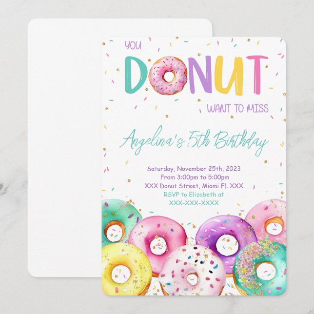 Invitation Fête d'anniversaire de la noix de beigne colorée (Devant / Derrière)