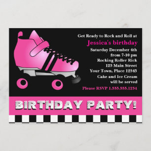 Invitation Fête d'anniversaire de la Patinée à roulettes rose