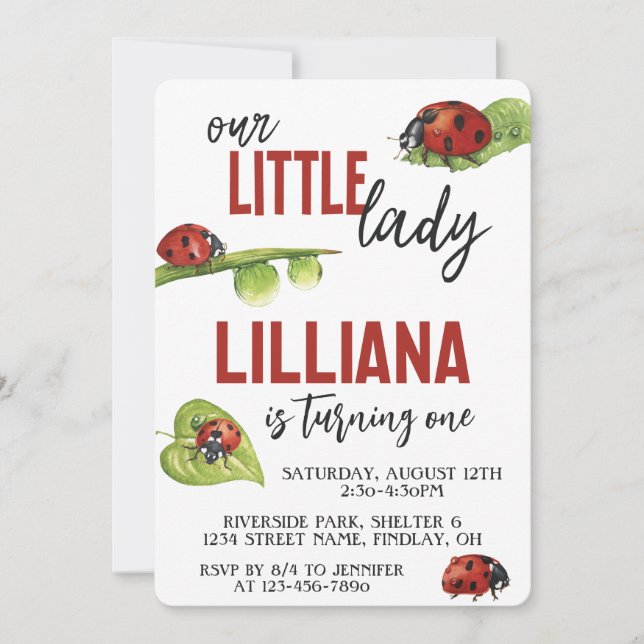 Invitation Fête d'anniversaire de la petite dame Ladybug, n'i (Devant)