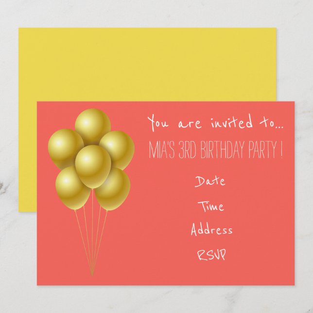 Invitation Fête d'anniversaire de la petite fille en ballons (Devant / Derrière)