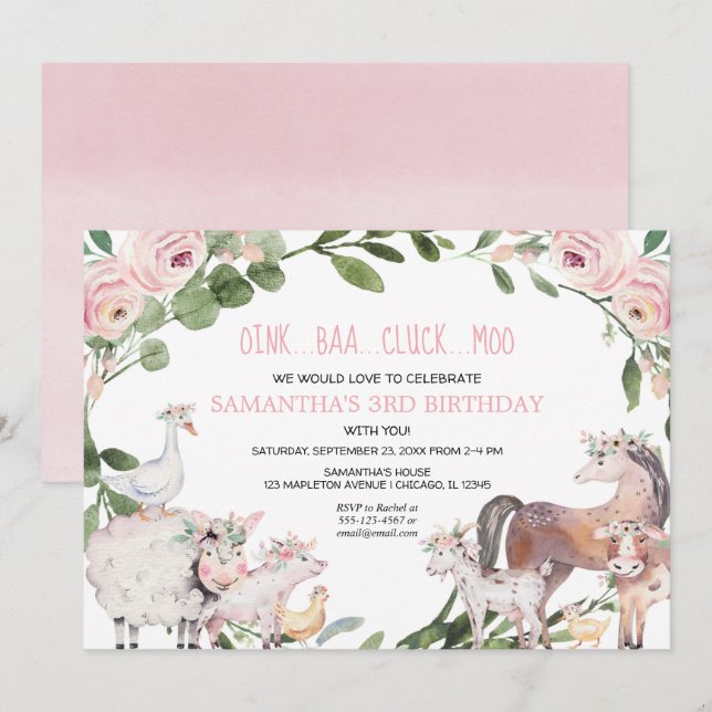 Invitation Fête d'anniversaire de la petite fille rose floral (Devant / Derrière)