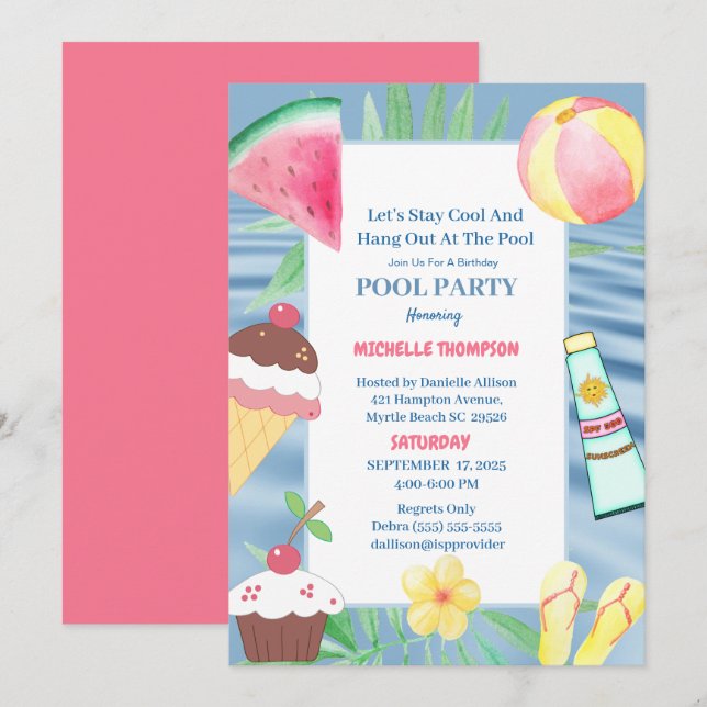 Invitation Fête d'anniversaire de la piscine (Devant / Derrière)