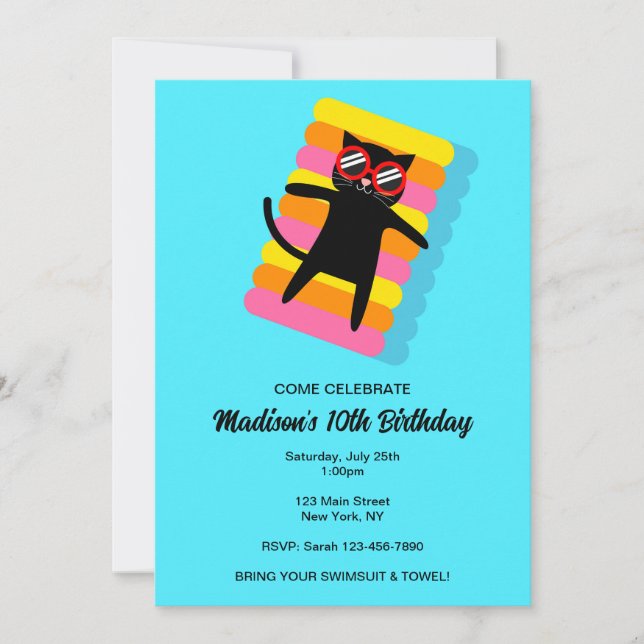 Invitation Fête d'anniversaire de la piscine de chats noirs (Devant)
