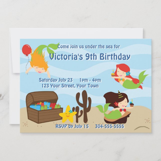 Invitation Fête d'anniversaire de la piscine de sirènes pour  (Devant)