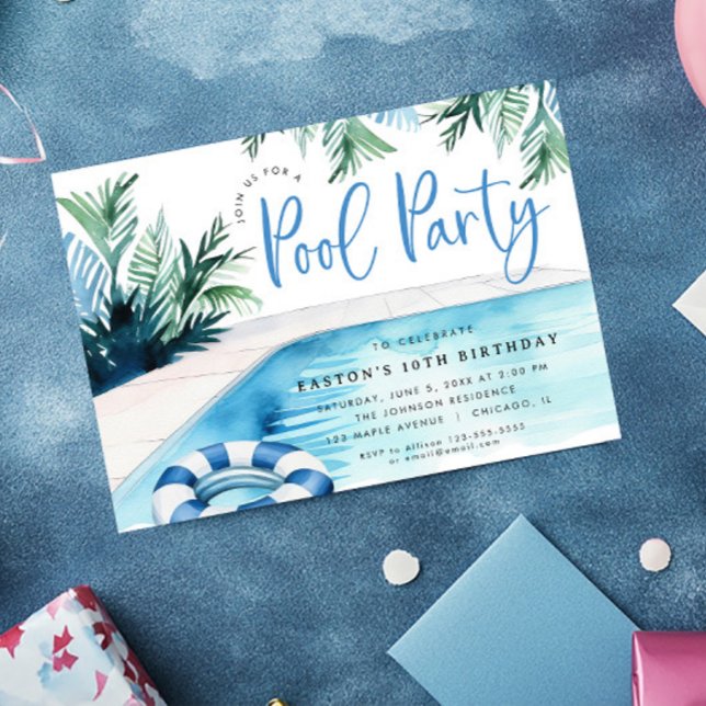 Invitation Fête d'anniversaire de la piscine moderne bleu bla (Créateur téléchargé)