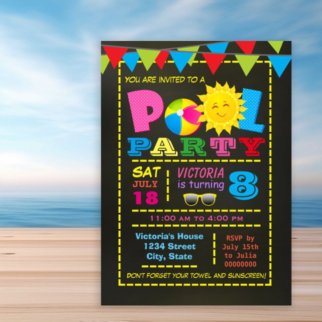 Invitation Fête d'anniversaire de la piscine pour filles (Girl any number pool birthday party invitation. Simply add your details.)