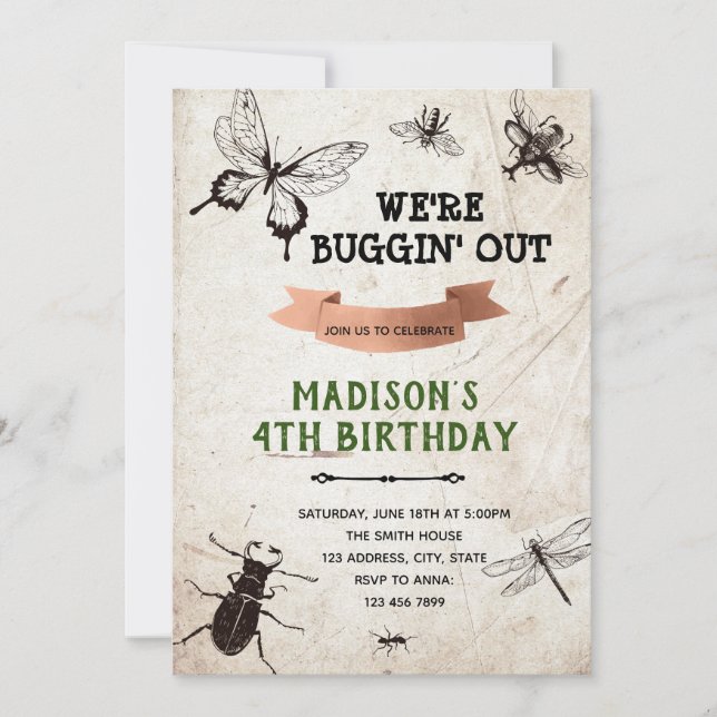 Invitation Fête d'anniversaire de la piste d'insecte de la na (Devant)