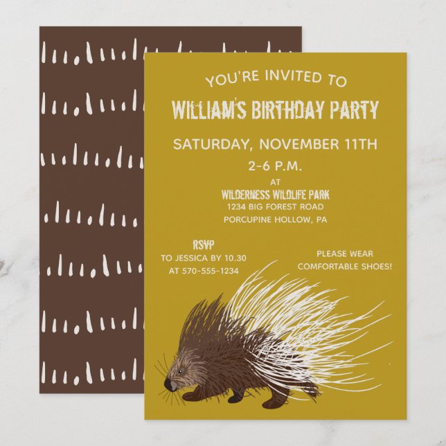 Invitation Fête d'anniversaire de la Porcupine Brown et mouta (Devant / Derrière)