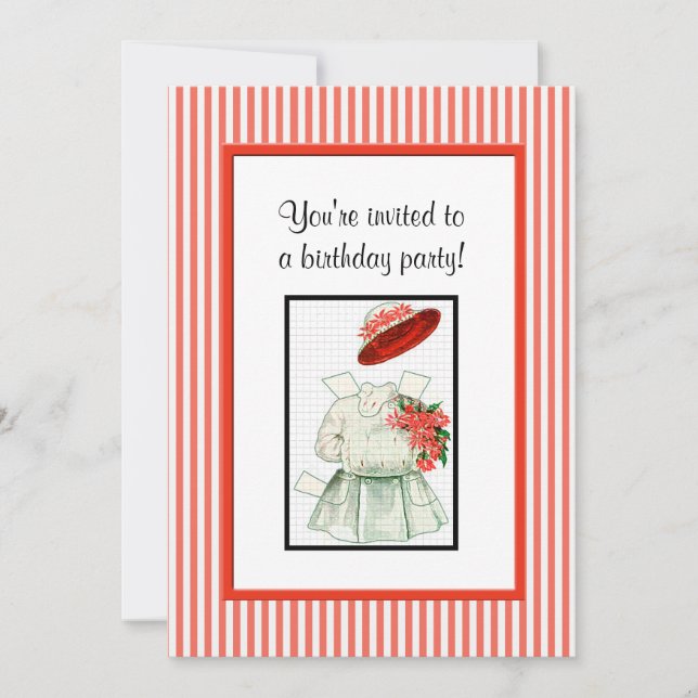 Invitation Fête d'anniversaire de la poupée papier (Devant)