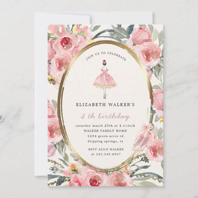 Invitation fête d'anniversaire de la princesse de ballerine (Devant)