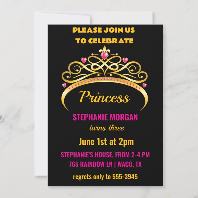 Invitation Fête d'anniversaire de la princesse d'or rose mode (Devant)