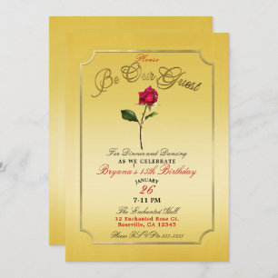 Invitation Fête d'anniversaire de la Rose rouge dorée jaune