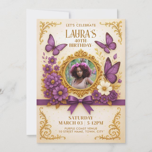 Invitation Fête d'anniversaire de la Royal Gold Purple Butple (Devant)