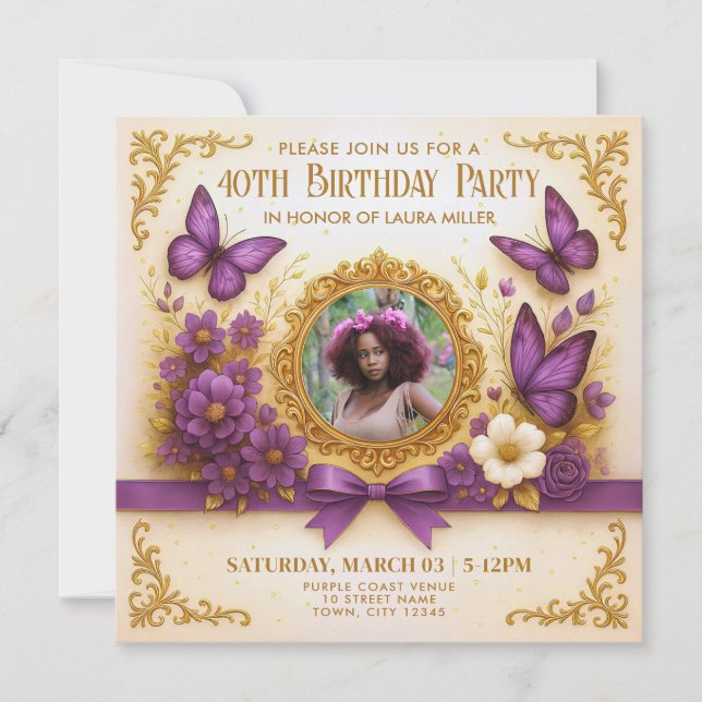 Invitation Fête d'anniversaire de la Royal Gold Purple Butple (Devant)