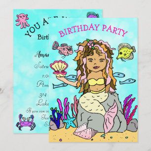 Invitation Fête d'anniversaire de la Sirène avec coquillage s