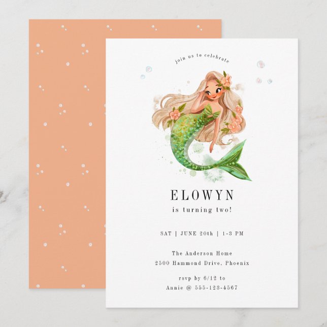 Invitation Fête d'anniversaire de la Sirène de Pêche Florale (Devant / Derrière)