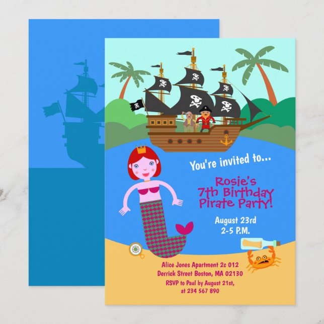 Invitation Fête d'anniversaire de la sirène et du bateau pira (Devant / Derrière)
