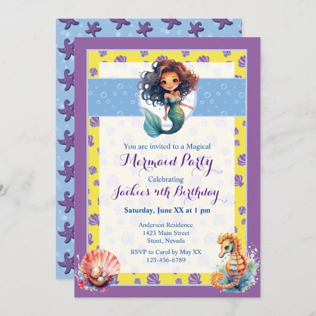 Invitation Fête d'anniversaire de la sirène magique colorée (Devant / Derrière)