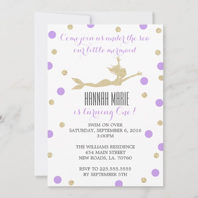 Invitation Fête d'anniversaire de la sirène mauve et or (Devant)