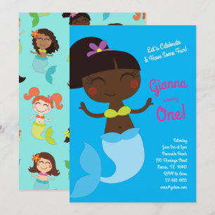 Invitation Fête d'anniversaire de la sirène Peau noire Asiati