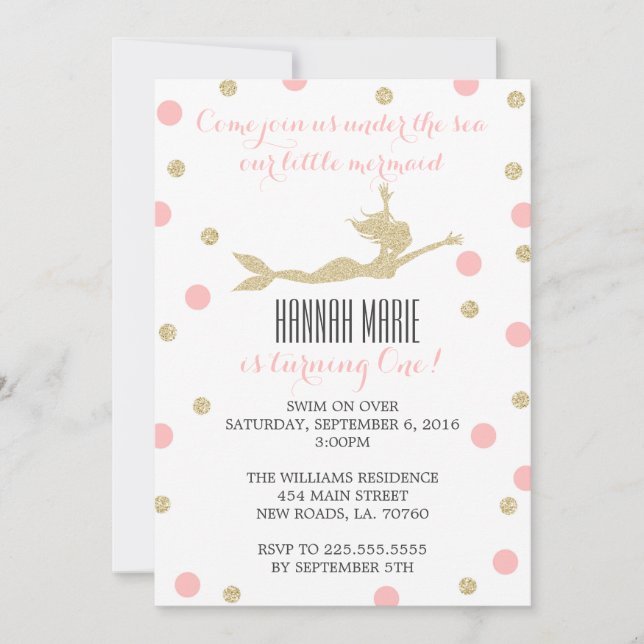 Invitation Fête d'anniversaire de la sirène rose et or (Devant)
