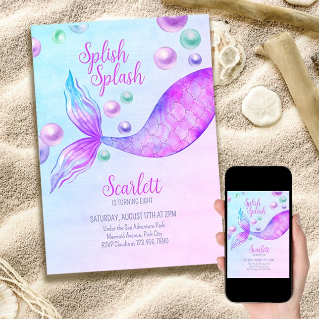 Invitation Fête d'anniversaire de la sirène Tout âge Splish S (Créateur téléchargé)